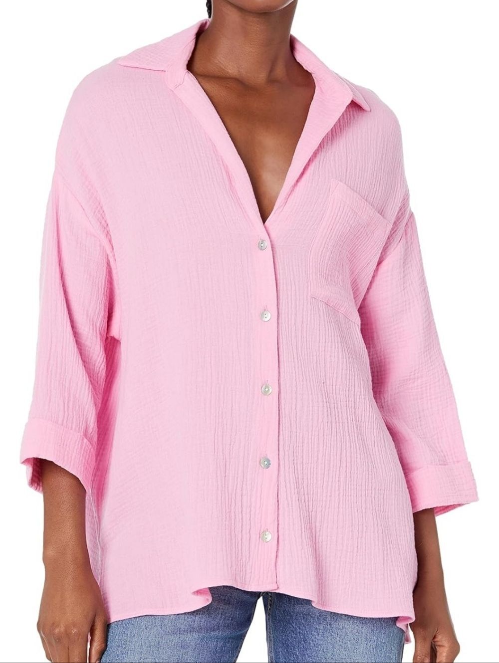 Show Me Your Mumu Weekday Button Up Shirt Bubblegum Pink Gauze Cotton Size L